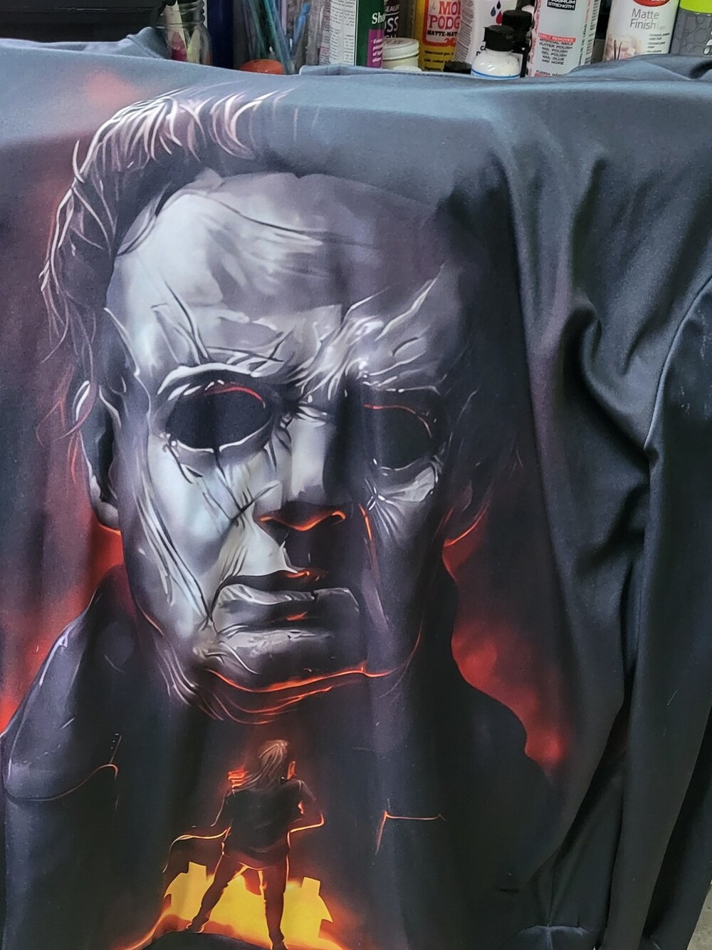 Horror Mask Graphic Pullover - Black with Red & Gray